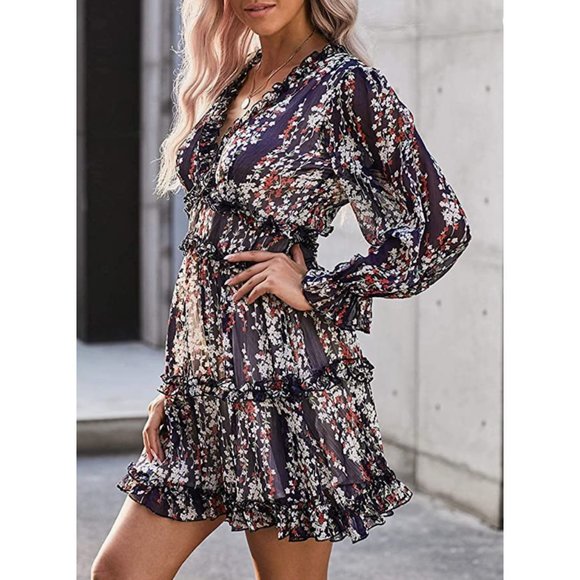 Navy Blue Printed Chiffon Ruffle A-Line V-Neck Long Sleeve Skater Mini Dress - Picture 2 of 7